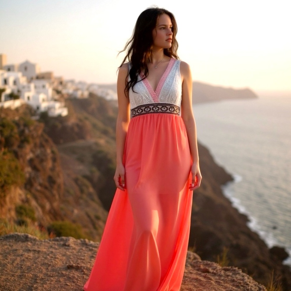 Flying Tomato Coral Chiffon Maxi Dress with Embroidered Waist Band